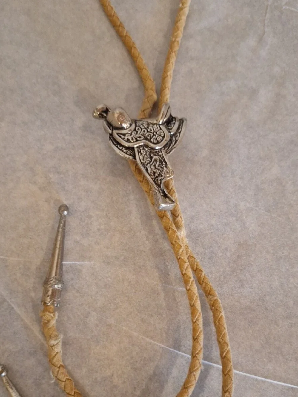 Western Saddle Bolo Tie Necklace in Tan with Silver Slide